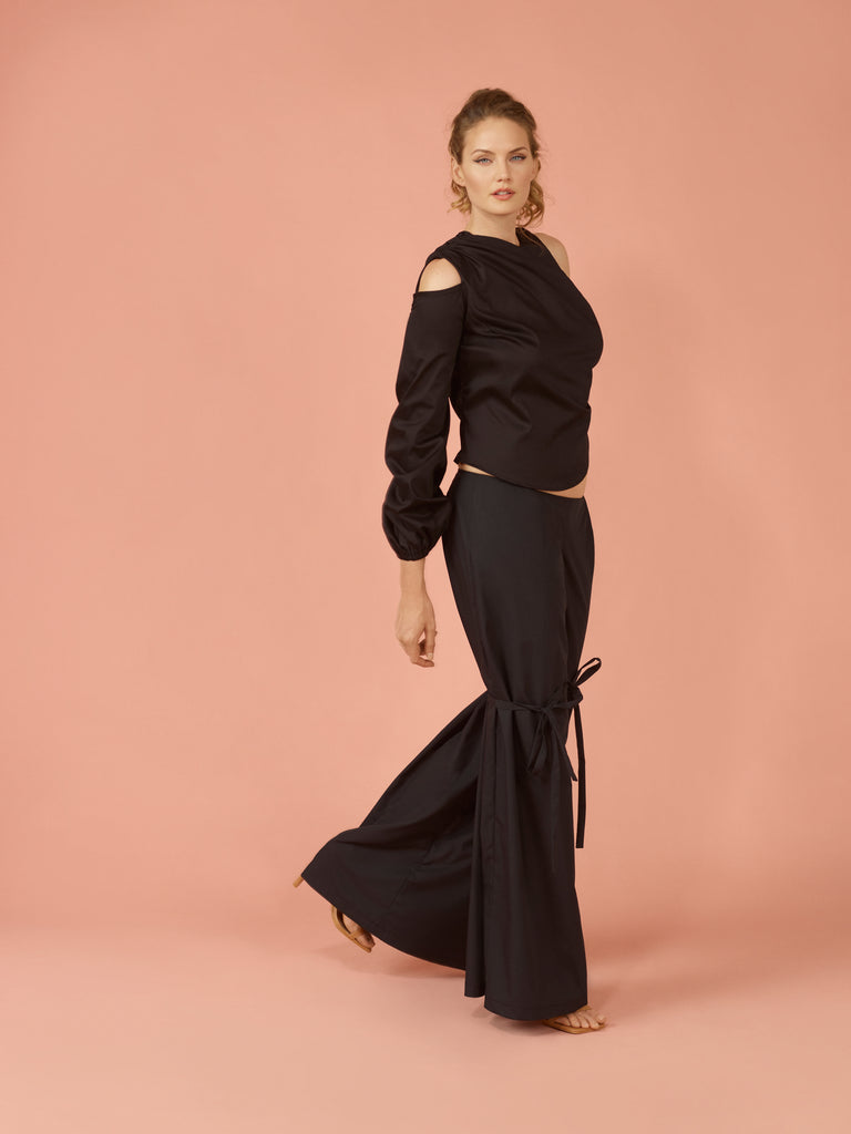 Black cotton low-rise wide leg pant with adjustable ties on pant legs